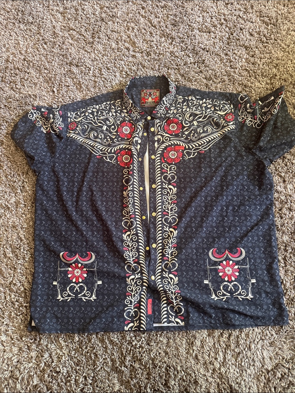 Los Charro Navy Floral Western Button-Up Shirt with Cream & Red Accents